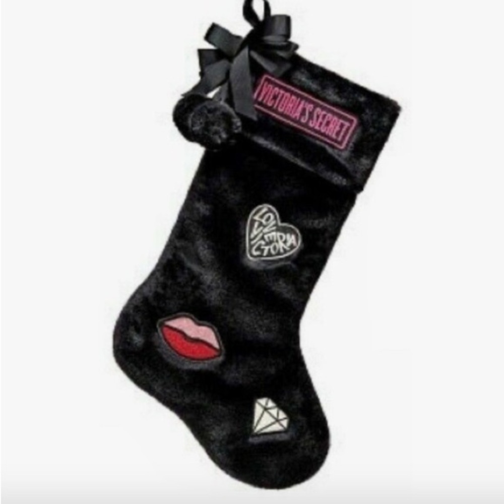 Victoria's Secret Black Festive Faux Fur Stocking NEW